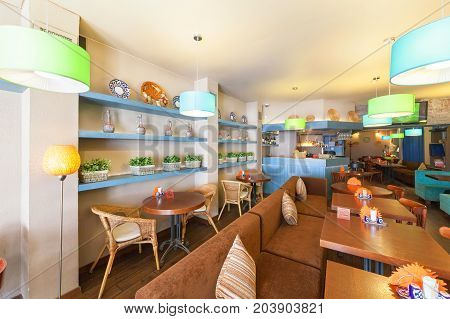 MOSCOW - AUGUST 2014: The interior of a small modern cozy cafe - 