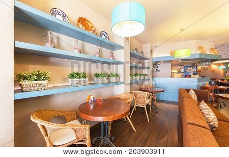 MOSCOW - AUGUST 2014: The interior of a small modern cozy cafe - 