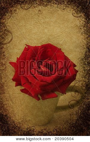 Grunge zemin üzerine tam Bloom küçük vazoda kırmızı gül