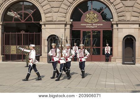 SOFIA, BULGARIA - AUGUST 09, 2017:Guardsmen at the entrance to the residence of the President of Bulgaria