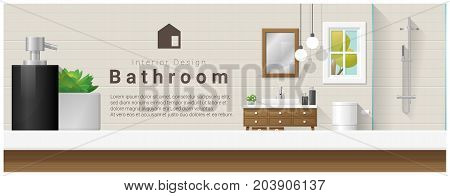 Interior design with table top and Modern bathroom background , vector , illustration