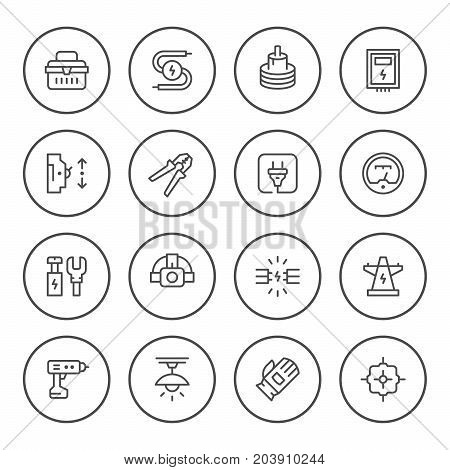 Set round line icons of electricity isolated on white. Vector illustration