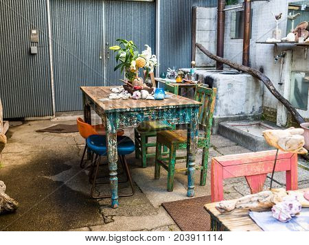 TOKYO, JAPAN JUNE 28 - 2017: Bike parked at outside of a restaurant at Komachi-dori Street, in Kamakura in Tokyo Japan.
