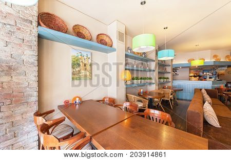 MOSCOW - AUGUST 2014: The interior of a small modern cozy cafe - 