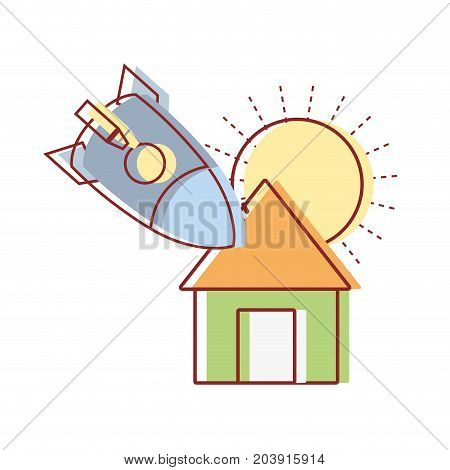 sun and rocket crashed with the roof house vector illustration
