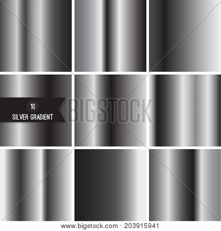 Set of silver foil texture background. Collection grey, chrome  vector elegant gradient. Aluminum industrial pattern design.