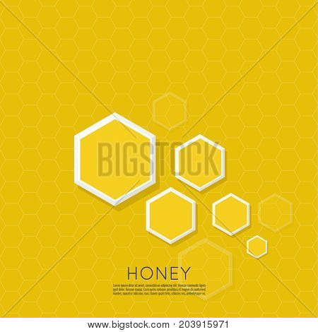 Vector icon honeycomb. Abstract background with yellow honey comb. Hexagon and drop. Iisolated illustration. Contemporary modern style design. Flying honeybee. Bee insect.
