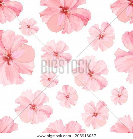 Botanical watercolor illustration seamless pattern with pink hibiskus on white background. Could be used as decoration for web design, polygraphy or textile