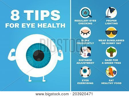 8 tips for eye health infographic. how to health care eyes. Strrong eyeball character. Vector modern style cartoon character illustration avatar icon design. Isolated on white background