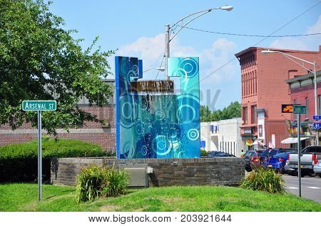 WATERTOWN, NY, USA - AUG. 16, 2012: Historic fountain in Public Square in downtown Watertown, Upstate New York, USA.