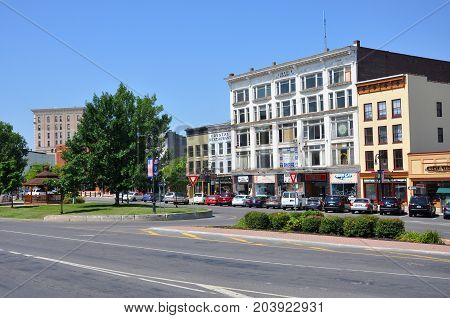 WATERTOWN, NY, USA - AUG. 16, 2012: Historic Buildings in Public Square in downtown Watertown, Upstate New York, USA.