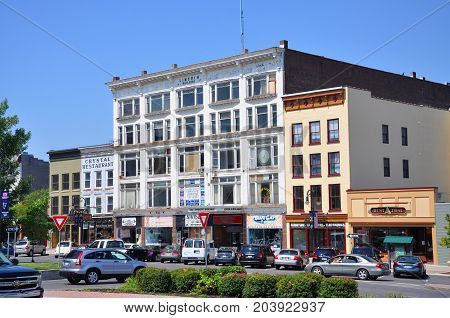 WATERTOWN, NY, USA - AUG. 16, 2012: Historic Buildings in Public Square in downtown Watertown, Upstate New York, USA.