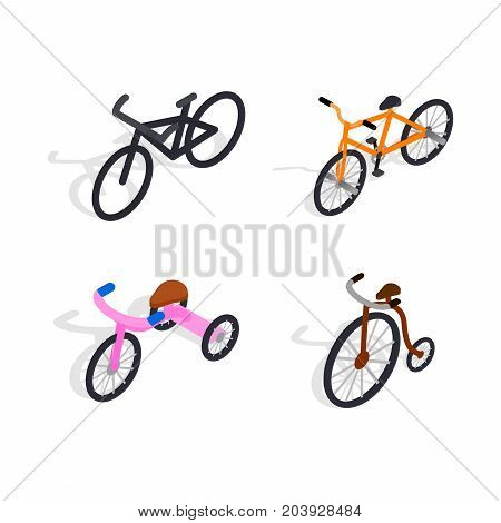 Bicycle Set for family ride in isometric 3d style isolated on white background. Bike for man, woman, boy, girl vector illustration
