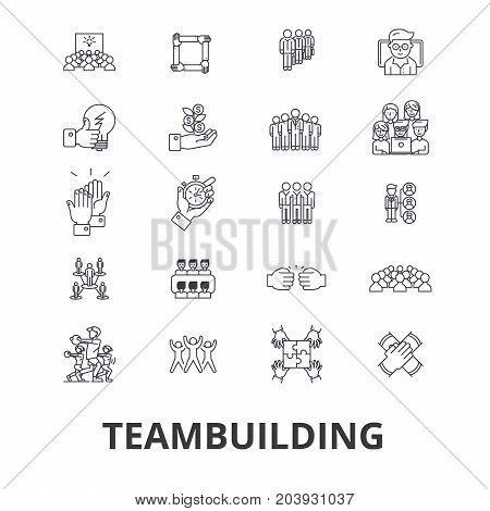 Teambuilding, community, teamwork, leadership, team spirit, business company line icons. Editable strokes. Flat design vector illustration symbol concept. Linear signs isolated on background
