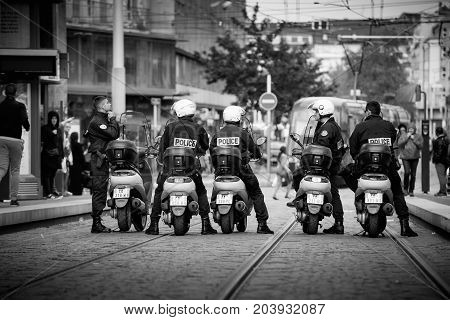 STRASBOURG FRANCE - SEPT 12 2017: Police on motorcycles preparing for political march during a French Nationwide day of protest against the labor reform proposed by Emmanuel Macron Government