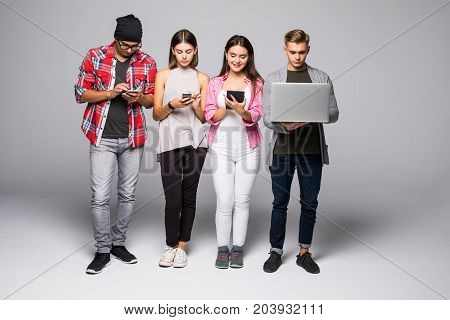 Students Friends Using Gadgets Isolated On White