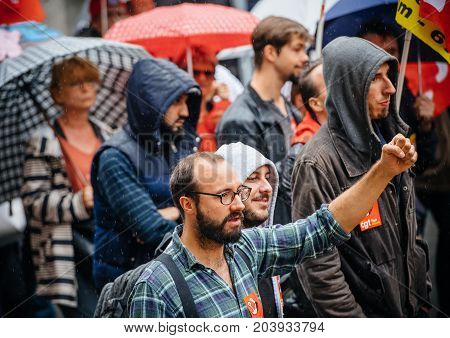 Raisen Hand By Male Protester At Anti-macro Protest