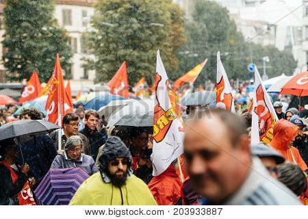 Rainy Day Over Political March During A French Nationwide Day Against Macrow Labor Law