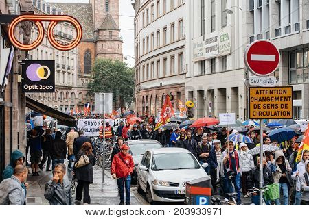 Rainy Day Over Political March During A French Nationwide Day Against Macrow Labor Law
