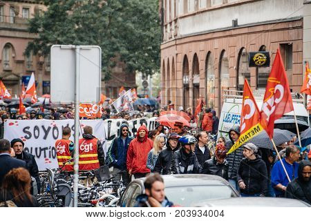 Rainy Day Over Political March During A French Nationwide Day Against Macrow Labor Law