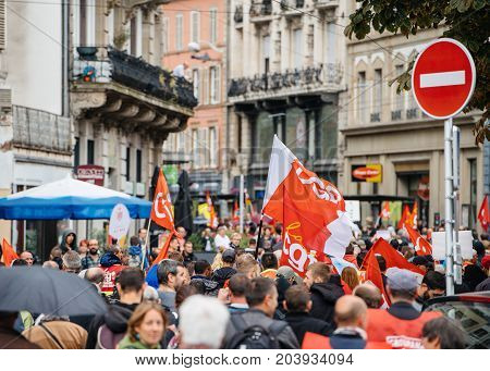 Full Streets With Protestors Political March During A French Nationwide Day Against Macrow Labor Law