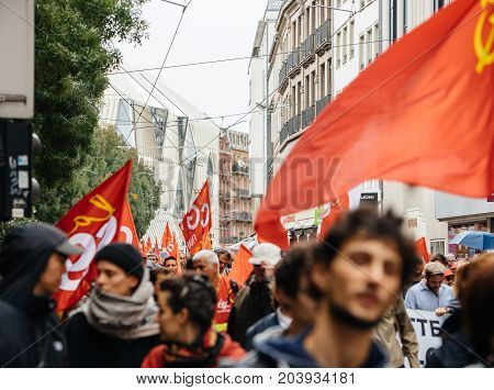 Full Streets With Protestors Political March During A French Nationwide Day Against Macrow Labor Law