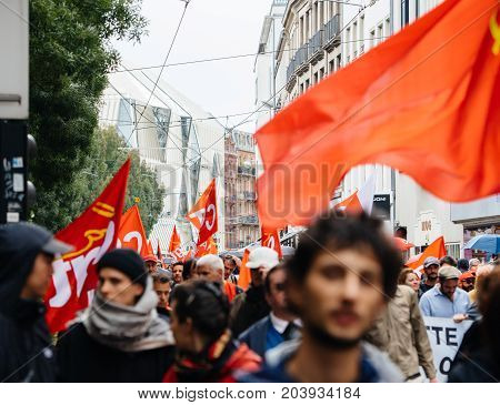 Full Streets With Protestors Political March During A French Nationwide Day Against Macrow Labor Law