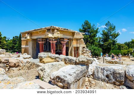 Knossos, Crete, June 10, 2017: Scenic Ruins Of The Minoan Palace Of Knossos. Knossos Palace Is The L