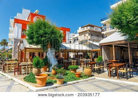 Sitia, Crete, Greece - June 11, 2017: The Pictursque Port Of Sitia, Crete, Greece. Sitia Is A Tradit