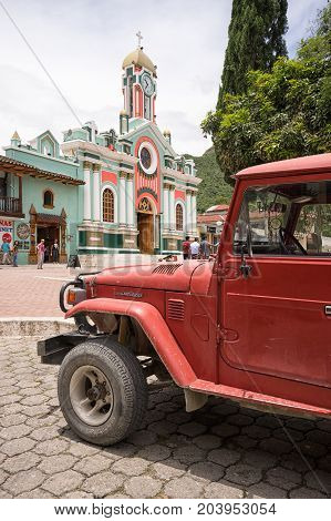 March 12 2017 Vilcabamba Ecuador: an old vehicle used for tourist transportation parked in the center of the popular destination town