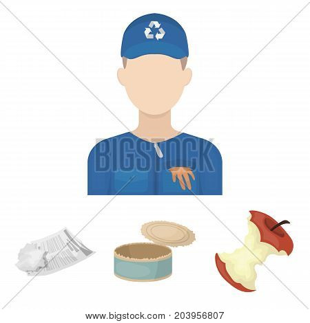 Can used used pot, apple stub, old dirty and wrinkled newspaper, the man who takes out the garbage.Garbage and trash set collection icons in cartoon style vector symbol stock illustration .