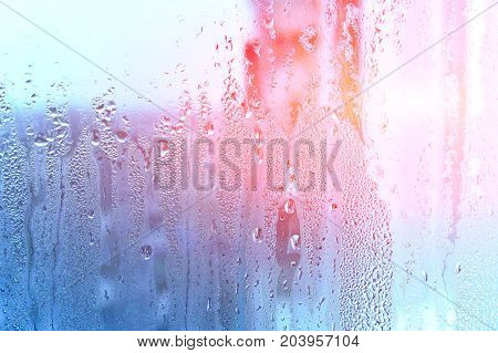 Window Glass With Condensation, Strong, High Humidity In The Room, Large Water Droplets Flow Down Th