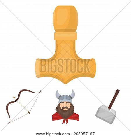 Viking in helmet with horns, mace, bow with arrow, treasure. Vikings set collection icons in cartoon style vector symbol stock illustration .