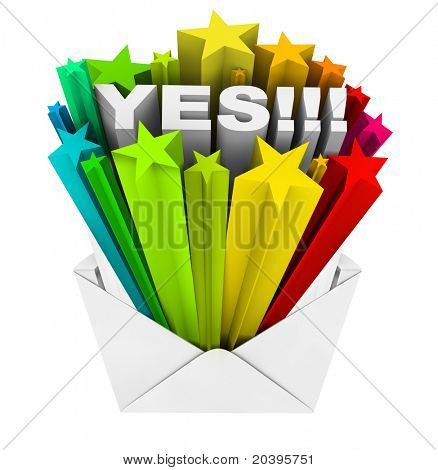 Una apertura de sobres para revelar la palabra sí, simbolizando un acuerdo, aceptación o aprobación que ha