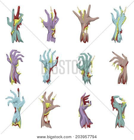 Zombie hand set with gore vector illustration. Cartoon doomsday bloody and decayed grabbing hands or undead human limbs isolated on white