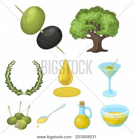 Olives, tree, branch and other products from olives.Olives set collection icons in cartoon style vector symbol stock illustration .