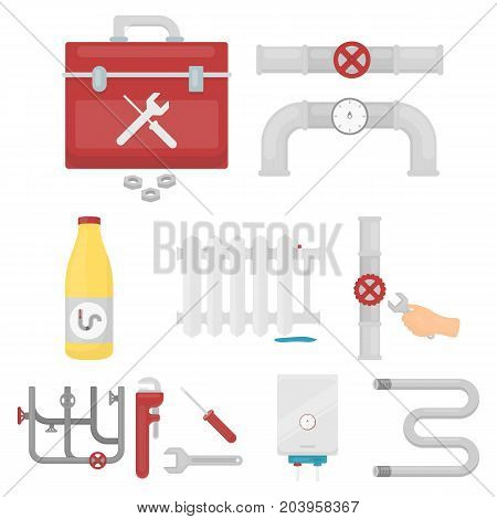 Plumbing set icons in cartoon style. Big collection of plumbing vector symbol stock