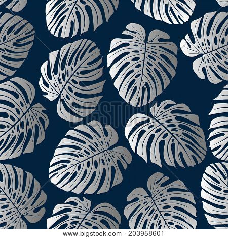 Exotic silver pattern with monstera leaves. Seamless tropical background. Vector illustration.