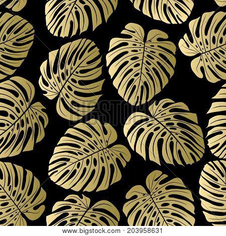 Exotic gold pattern with monstera leaves. Seamless tropical background. Vector illustration.