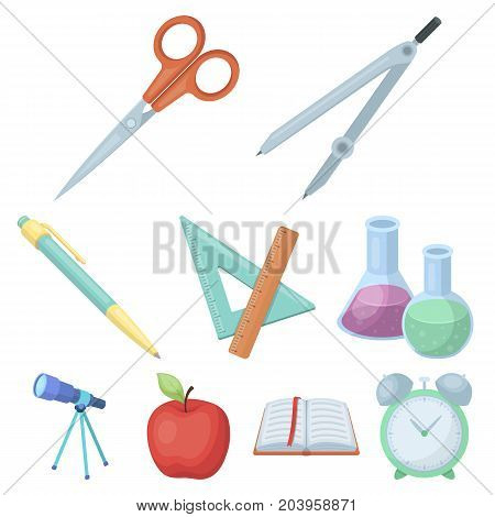 Set of pictures about the school. Study training. Supplies for school.Outfit of the student. School and eduacation icon in set collection on cartoon style vector symbol stock web illustration.