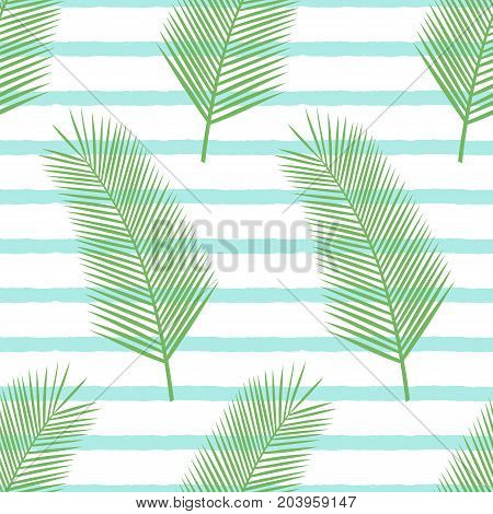 Beautiful green palm leaves on a white background. Tropical plants seamless pattern for your design. Vector illustration.