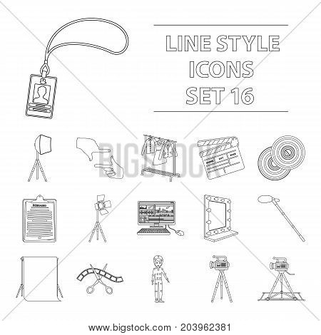 A movie camera, a floodlight, a chromakey and other equipment for the cinema.Making movie set collection icons in outline style vector symbol stock illustration .
