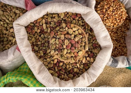 bulk fava beans closeup in Otavalo Ecuador