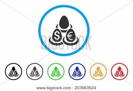 Currency Deposit Diversification icon. Vector illustration style is a flat iconic currency deposit diversification gray rounded symbol inside light blue circle with black, gray, green, blue, red,