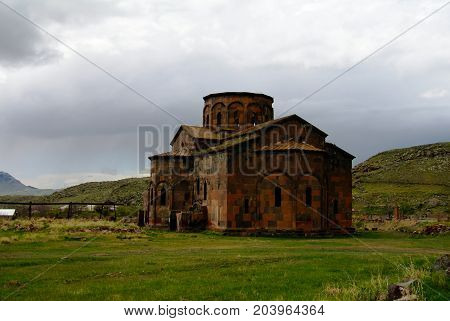 View to ruined Cathedral of Talin in Aragatsotn