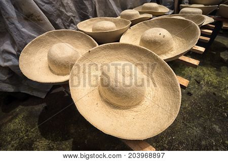 April 21 2017 Iluman Ecuador: the form pressed felt hats are dried in the sunlight