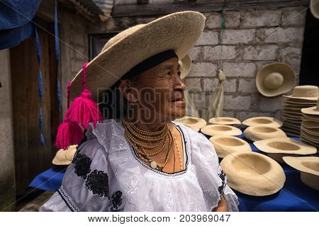 April 21 2017 Iluman Ecuador: quechua woman wearing a traditional felt hat