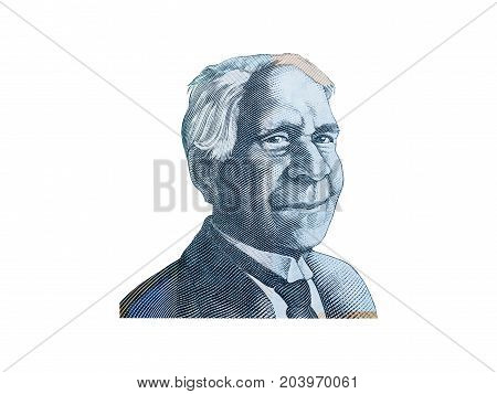 Portrait of Reverend David Unaipon from Australian 50 dollar isolated on white background.