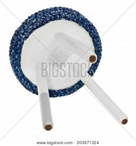 Handmade Stool In White And Gray. Round Seat With Blue And White String Material.
