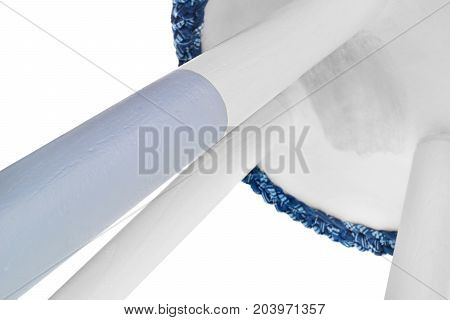 Handmade Stool In White And Gray. Round Seat With Blue And White String Material.
